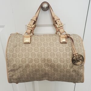 Michael Kors Beige Tan Vanilla Signature Monogram Satchel Purse